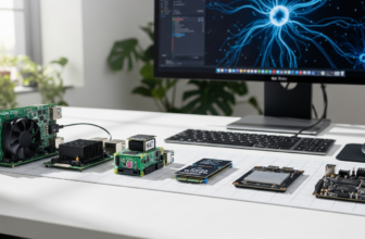AI hardware boards including NVIDIA Jetson, Raspberry Pi 5, and Google Coral arranged on a modern makerspace desk with Mac Studio in background