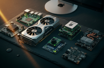 AI hardware boards including NVIDIA Jetson, Raspberry Pi 5, and Google Coral arranged on a modern makerspace desk with Mac Studio in background