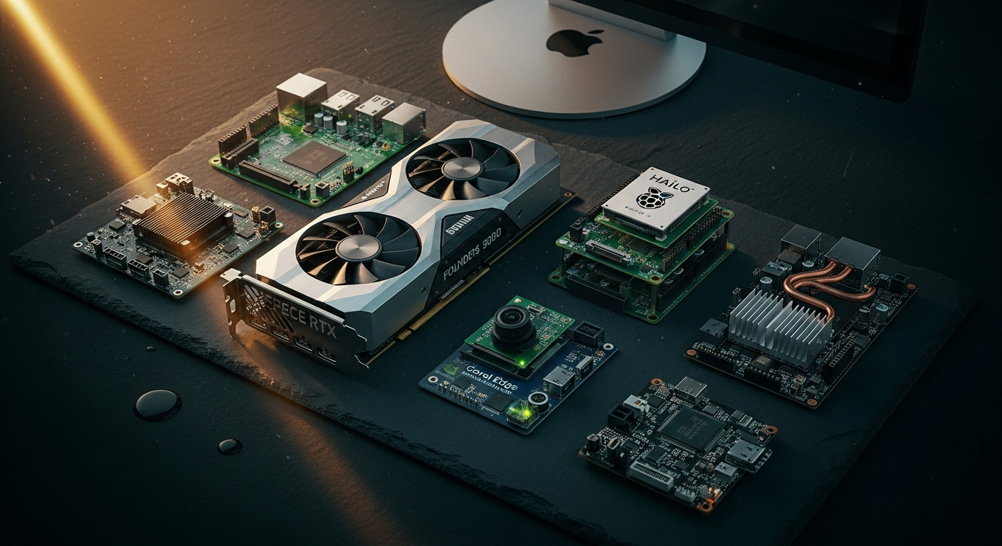 AI hardware boards including NVIDIA Jetson, Raspberry Pi 5, and Google Coral arranged on a modern makerspace desk with Mac Studio in background