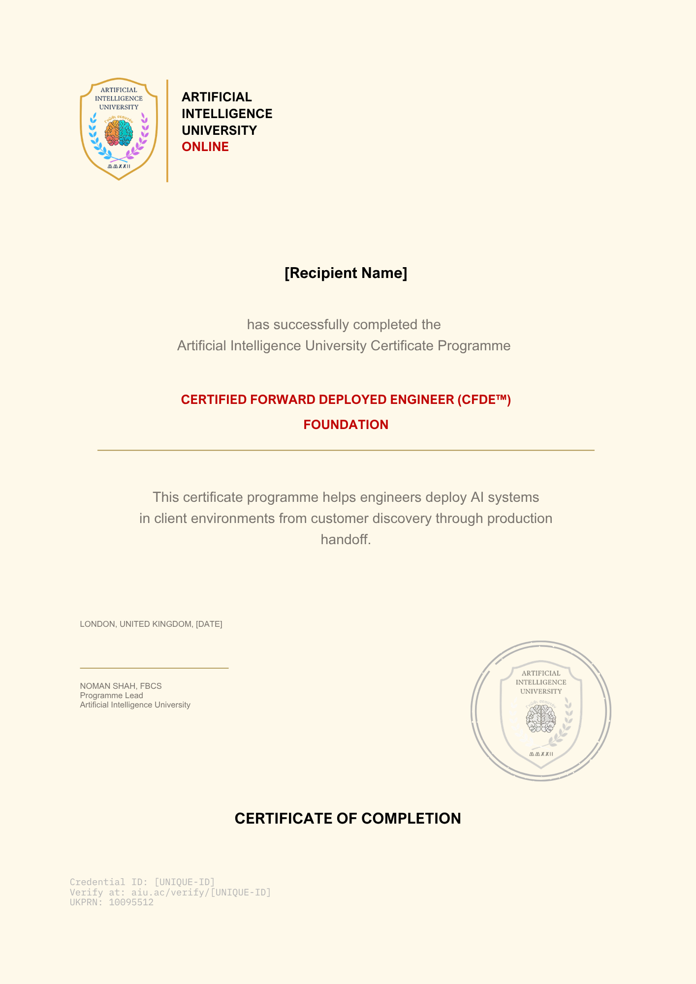 CFDE Foundation certificate of completion issued by Artificial Intelligence University showing programme name, recipient details, and credential verification information